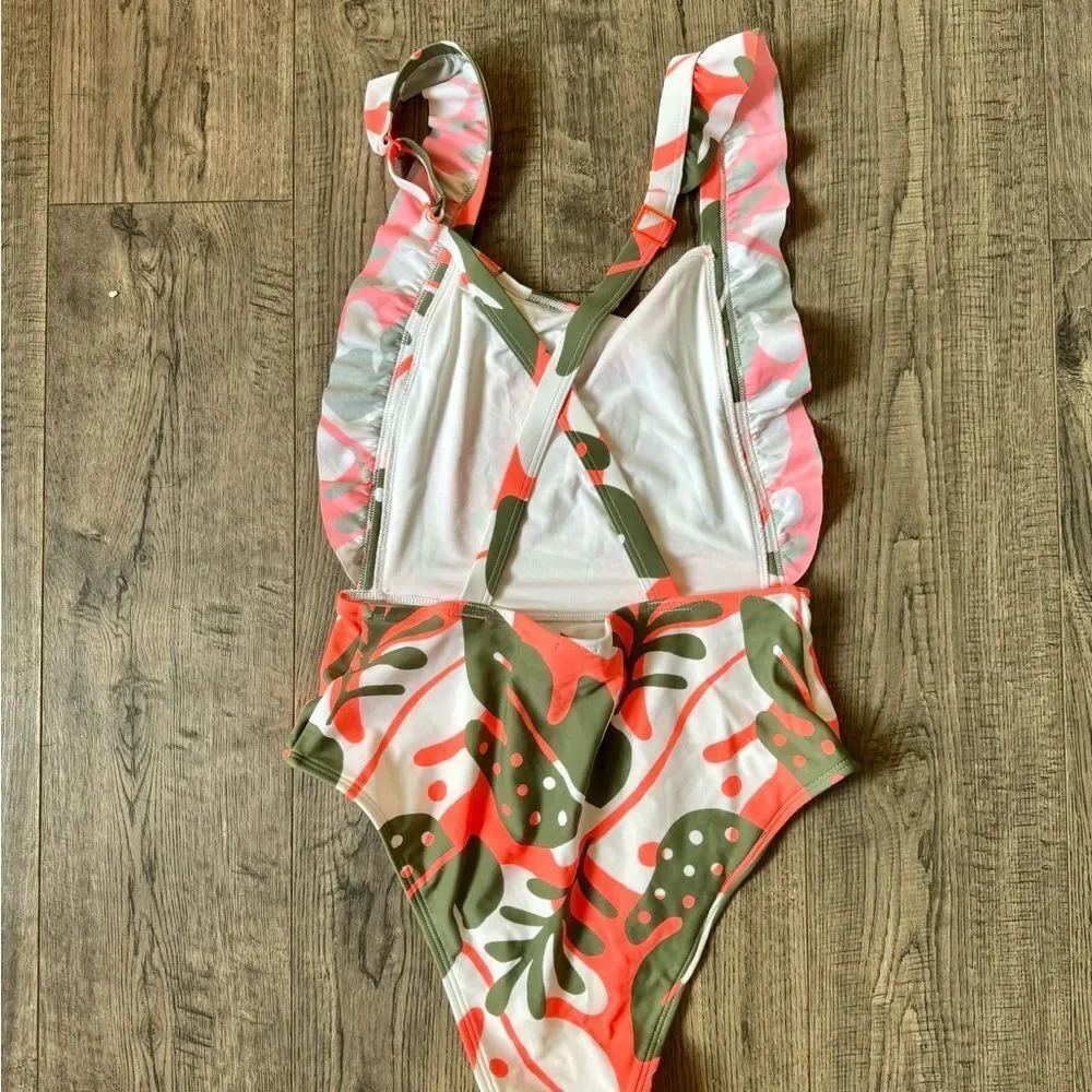 Aerie Tropical Print One Piece Swimsuit - Pink and Green - Picture 3 of 6